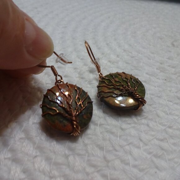 Rustic UNAKITE Handmade COPPER WIRE-WRAPPED Dangle Earrings #871C - Picture 3 of 3